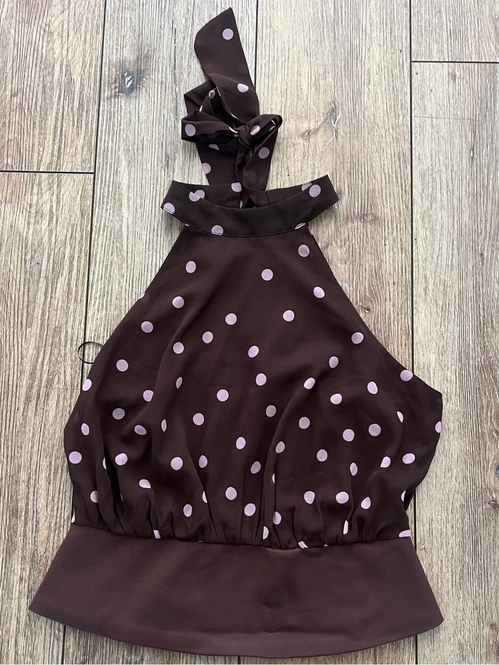 Tie-Neck Polka Dot Halter Camisole - Brown with Pink Dots